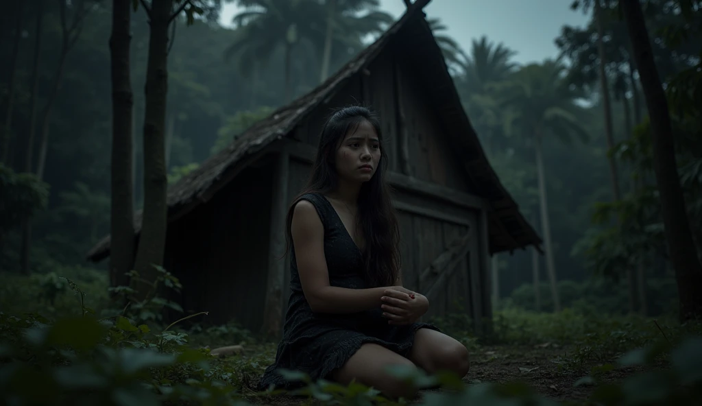 "((realistic photo)) A beautiful 19-year-old Indonesian girl with a worried and sad expression, wearing worn, dirty black batik clothes and a tattered black skirt, sitting in front of a simple hut in the middle of a dense forest at night. The atmosphere is dark, with only faint light from the stars and a distant moon illuminating the scene. Her face reflects anxiety and sorrow as she looks down, her hands resting in her lap. The hut is basic, made of wood and thatch, blending into the natural surroundings. The trees around her are mostly silhouettes, casting long shadows in the dim light. The girl’s clothing shows clear signs of wear, with visible dirt and rough textures. The lighting is soft, with moonlight filtering through the canopy, creating soft shadows on her figure and the hut. The camera shot is a medium shot from a low angle, with a 35mm lens, capturing her in the context of the dark forest. ((highly detailed)), ((4K)), HDR, professional quality, natural light, sharp focus."