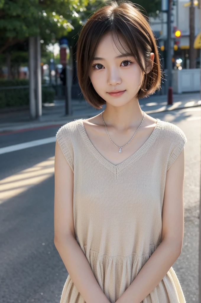  (slender Japanese girl), puffy face, broad jawline,big beady eyes,shiny eyes, (no make up:1.3), (flat chest:1.1), messy light brown hair, very short hair, navy tiered dress, tearful face, shy smile, grimace ,shiny eyes, thin silver necklace,  from front , theme park, ((masterpiece)), ((photo realistic)), ((highest quality)), casual knit, sunset, Angel