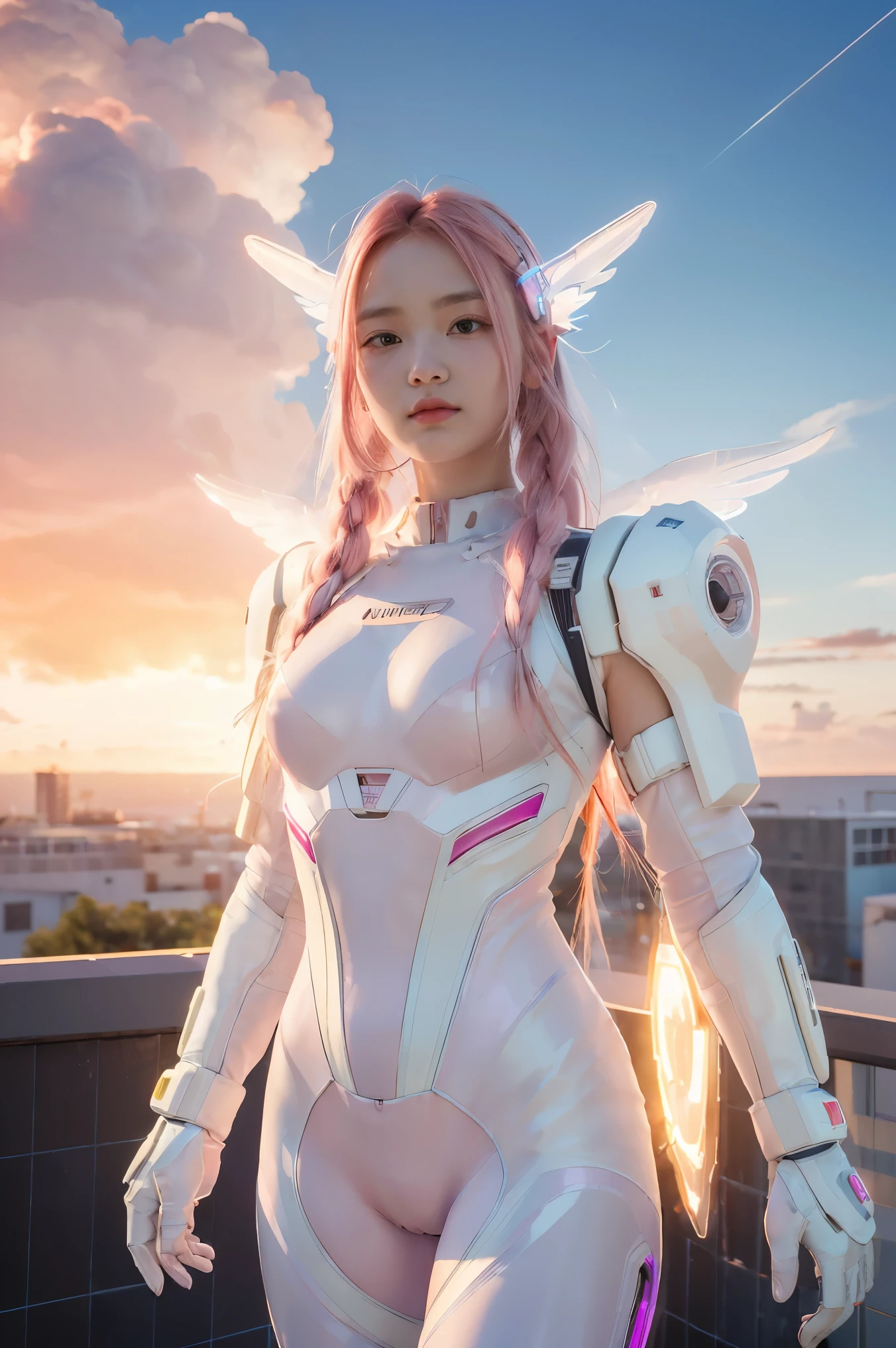 ((masterpiece, best quality, extremely detailed), volumetric lighting, ambient occlusion, colorful, glowing), 
1girl, solo, young girl, (pink hair), long hair, halo, aura, sacred, godness, cyber suit, (white outfit:1.3), android, bot, angel wings,
outdoors, sunset, sky, clouds, space, (cyberpunk theme:1.2),