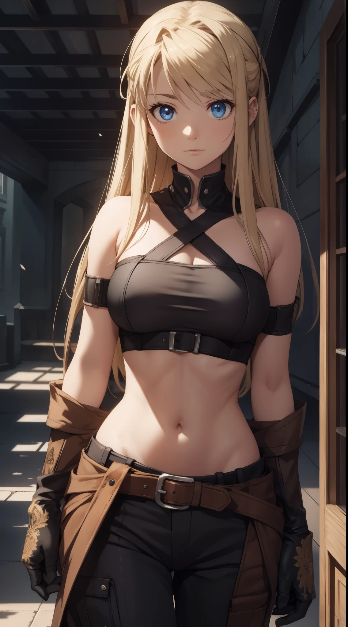Winry Rockbell, Winry Rockbell, eBlue eyes, Blonde hair, BREAK BREAK BREAK gloves, navel, Chopping, of shoulders, clavicle, 耳Nipple Ring, diaphragm, trouser, stomach, of arms, No shoulder strap, hijabi sluty, Bando, bandeau, Gray gloves, BREAK BREAK BREAK indoors, BREAK BREAK BREAK looking at viewer, BREAK BREAK BREAK (tmasterpiece:1.2), Best quality at best, A high resolution, Unity8k wallpapers, (illustratio:0.8), ( beautiful and detailed eyes:1.6), Extremely detailed face, perfect litthing, extremely detremely detailed CG, (Perfect hands, perfect anatomia),