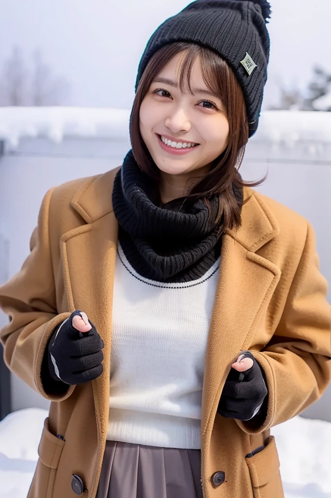 (masterpiece, best quality, perfect anatomy, highres, 8k, realistic, photorealistic, natural skin texture, no makeup:1.2), 1girl, solo, Japanese, female university student, age20, very cute, winter, (very cold day),
 (The snow is piling up, she is happy and smiling with glee:1.5), (large breasts:1.2), (perfect figure), earth-colored winter clothes, mini skirt, knit  hat, scarf, black pantyhose, glove, snap shot,  fullbody shot, sun lighting, jp idol, erogao, tanukigao