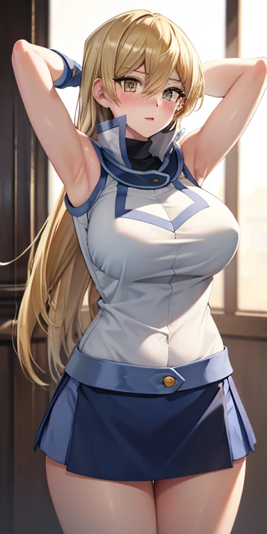 1 Female,High definition,high resolution,Ultra-realistic,8K, ta1,blonde hair,long hair,yellow eyes, white jacket, sleeveless, blue skirt,tight skirt , miniskirt,fingerless gloves,European,sexy,Upper body close-up,Photographed from the front,Dynamic Angles,blush, medium tits, happy, wink the eye,facial, sweat,multicolored hair ,(wide thighs:1.4),(pink pussy),(show pussy), sitting,spread legs,cameltoe ,pubic hair, ((wet pussy))