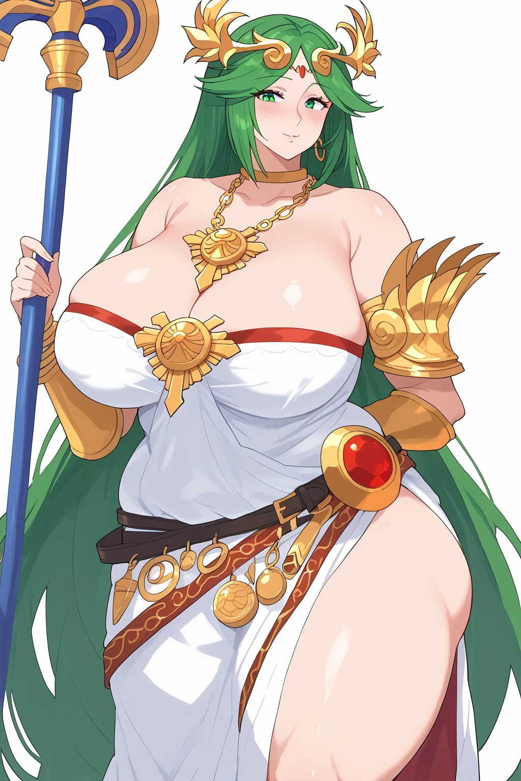   score_9,   score_8_up,   score_7_up,   score_6_up,   score_5_up,   score_4_up,     masterpiece   ,   top quality,   very aesthetic,   absurd,  source_Anime, Anime screencap,   one woman , Alone,  personal , palutena, Partena long hair ,  green eyes,  green hair,  split bangs ,  Big Breasts , 額のgem, crown,  neck ring ,  Gold Choker , gem, Gold Chain, during,  Necklaces , Arm guard, armlet,  circlet,  tiara , clavicle,  shoulder out,   strapless dress , white dress, Multiple belts,  side slits, Single knee-high,  detailed background with white knee-high , staff,  shield , Super huge breasts, ((( super huge clevis, Super huge , Super huge boob))), Curvy,   wide hips ,   embarrassed expression, Fat body,   chubby,  obese body type, Shake your stomach,  Three-section abdomen,  troubled expression, 