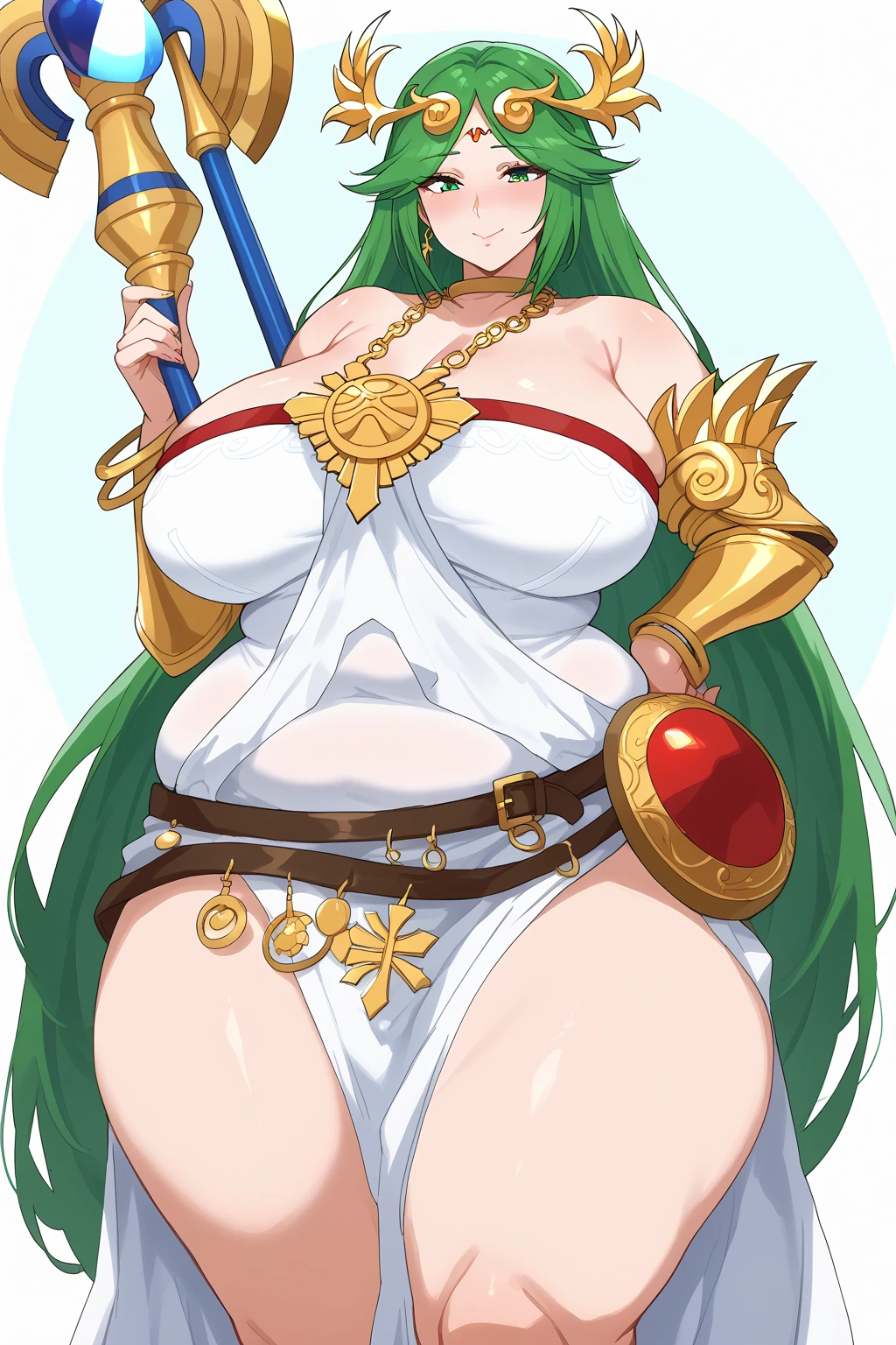   score_9,   score_8_up,   score_7_up,   score_6_up,   score_5_up,   score_4_up,     masterpiece   ,   top quality,   very aesthetic,   absurd,  source_Anime, Anime screencap,   one woman , Alone,  personal , palutena, Partena long hair ,  green eyes,  green hair,  split bangs ,  Big Breasts , 額のgem, crown,  neck ring ,  Gold Choker , gem, Gold Chain, during,  Necklaces , Arm guard, armlet,  circlet,  tiara , clavicle,  shoulder out,   strapless dress , white dress, Multiple belts,  side slits, Single knee-high,  detailed background with white knee-high , staff,  shield , Super huge breasts, ((( super huge clevis, Super huge , Super huge boob))), Curvy,   wide hips ,   embarrassed expression, Fat body,   chubby,  obese body type, Shake your stomach,  Three-section abdomen,  troubled expression, 