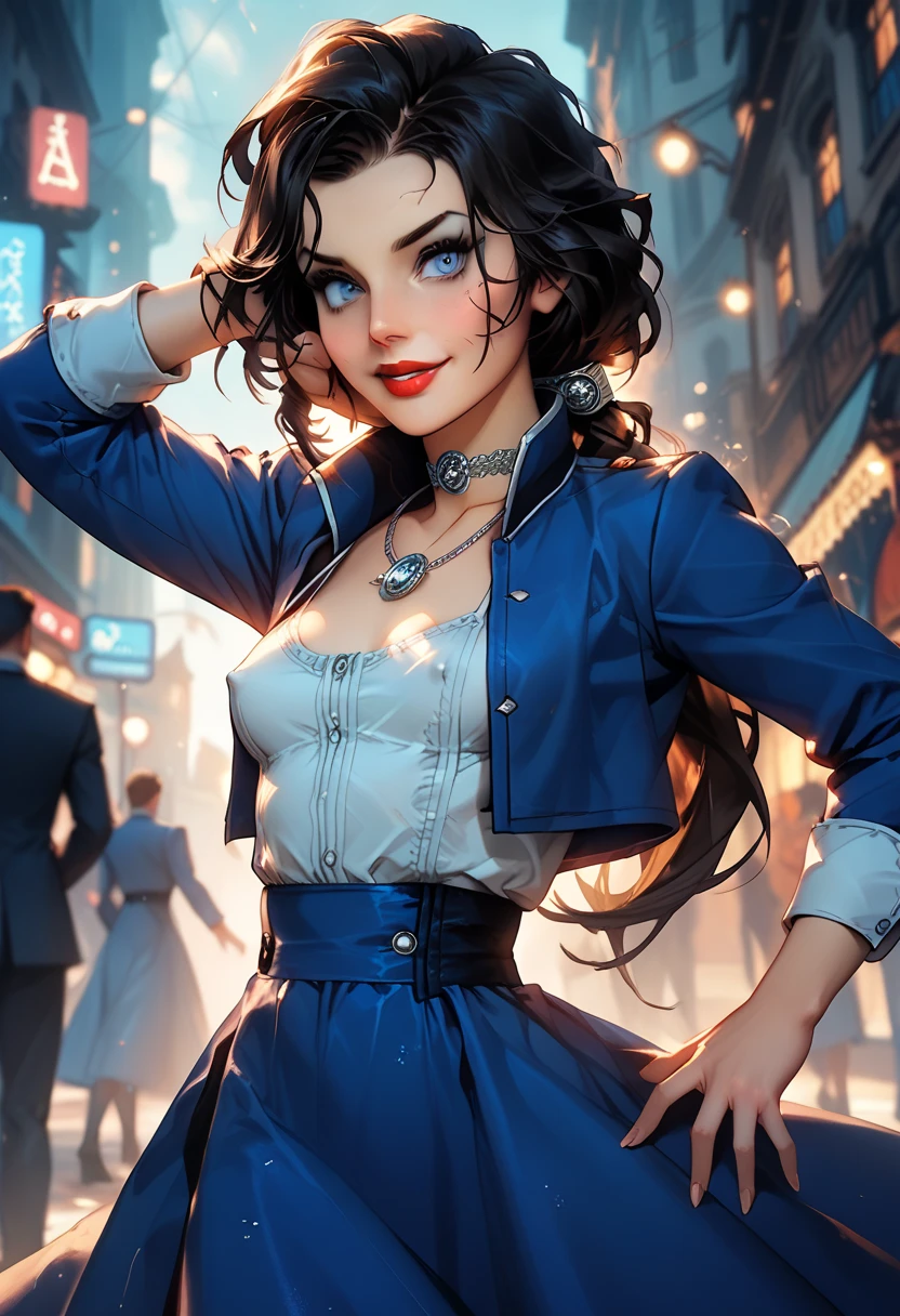 1woman, ((solo)), Elizabeth Comstock from "Bioshock Infinite", dark hair, (long loose hair gathered in a low ponytail), pale skin, blue eyes, red lips, light smile, (small breasts), erect nipples;; (cameo choker necklace), (wearing a blue bolero 3/4 cropped jacket:1.27), micro bikini top under jacket, (wearing a long blue a-line dress:1.42), (high front slit in dress:1.32), opaque pantyhose, heeled boots;; (cropped at knees:1.37), contrapposto stance, (dancing poses:1.27);; on the street of an art deco city;; ELIZABETH2 