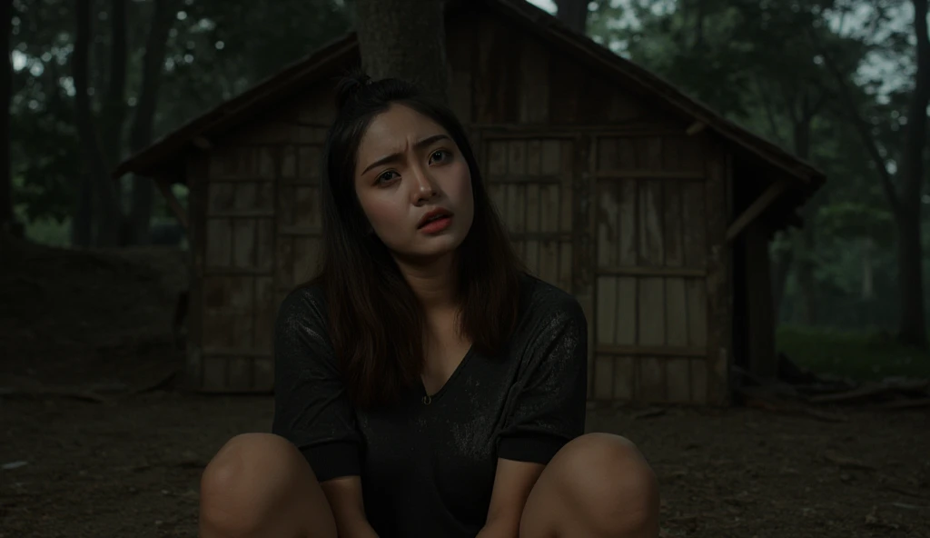 "((realistic photo)) A beautiful 19-year-old Indonesian girl with a worried and sad expression, wearing worn and dirty black batik clothes and a tattered black skirt, sitting in front of a small, simple hut in the middle of a dark forest at night. The girl looks anxious, her eyes reflecting sadness as she gazes into the darkness. The surroundings are dimly lit, with only a few faint glimmers of light coming from the moon or distant stars. The hut appears humble and rustic, with wooden walls and a thatched roof. The forest is enveloped in deep shadows, and the dark night creates an eerie yet serene atmosphere. The scene is captured in a medium shot with a 70mm lens, focusing on the girl's expression and the simplicity of the hut. The lighting is soft and moody, with subtle highlights from the moonlight on her and the hut. The camera angle is low, capturing the girl in the foreground with the forest and hut in the background. ((highly detailed)), ((4K)), HDR, sharp focus, natural lighting from the night sky, professional resolution."