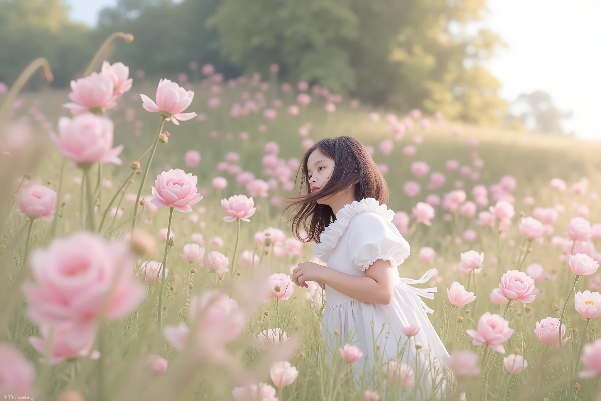 There is a woman standing in a field of pink flowers - SeaArt AI