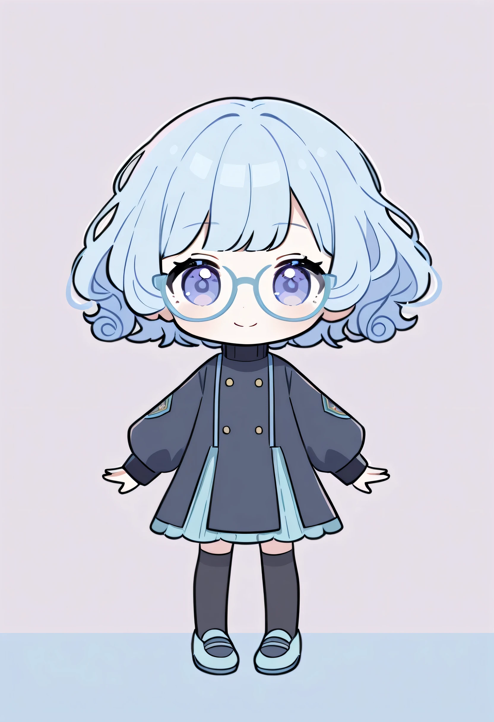  1 girl in uniform, Chibi,  pastel colors, smile、 blue hair,  short hair , Curly hair,  black turtleneck 、 Long Sleeve 、Glasses、Stand upright and face the front　shoes　Stylish　 dress