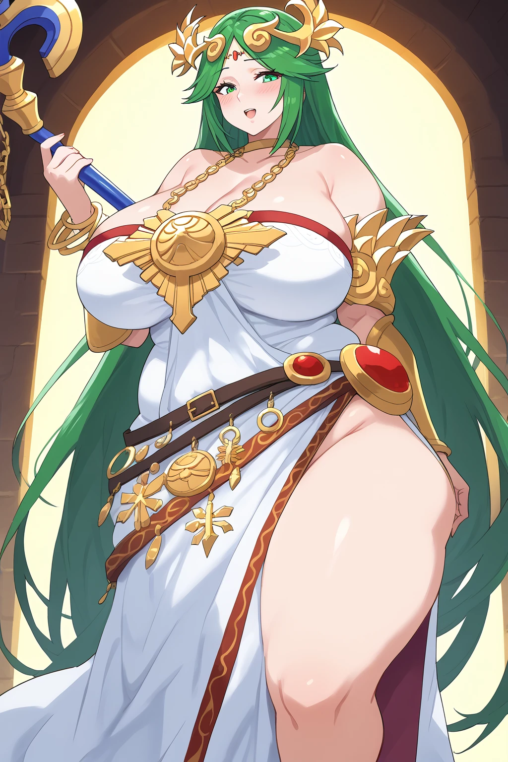   score_9,   score_8_up,   score_7_up,   score_6_up,   score_5_up,   score_4_up,     masterpiece   ,   top quality,   very aesthetic,   absurd,  source_Anime, Anime screencap,   one woman , Alone,  personal , palutena, Partena long hair ,  green eyes,  green hair,  split bangs ,  Big Breasts , 額のgem, crown,  neck ring ,  Gold Choker , gem, Gold Chain, during,  Necklaces , Arm guard, armlet,  circlet,  tiara , clavicle,  shoulder out,   strapless dress , white dress, Multiple belts,  side slits, Single knee-high,  detailed background with white knee-high , staff,  shield , Super huge breasts, ((( super huge clevis, Super huge , Super huge boob))), Curvy,   wide hips ,   embarrassed expression, Fat body,   chubby,  obese body type, Shake your stomach,  Three-section abdomen,  troubled expression, 40 years old