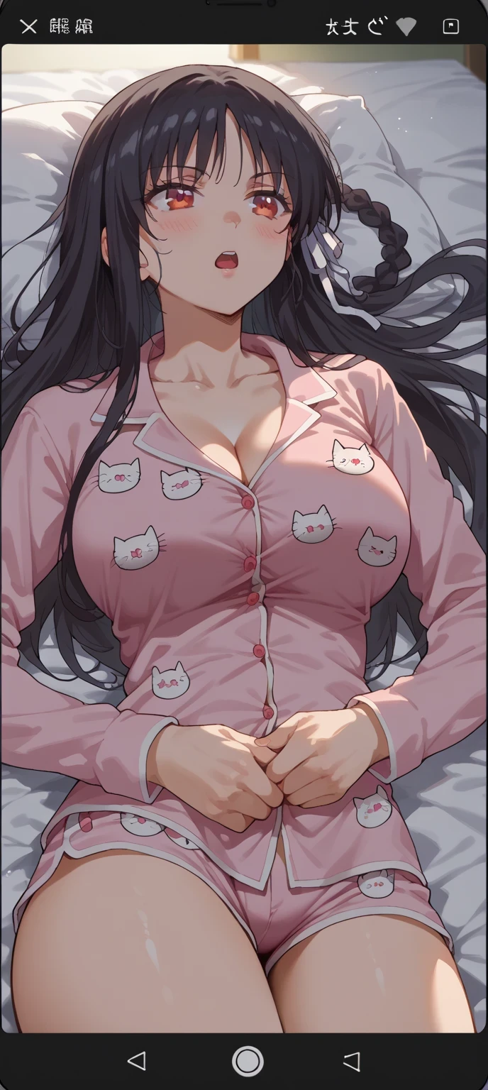 score_9, score_8_up, score_7_up, source_anime,
suzunehorikita, suzune horikita, long hair, black hair, red eyes, hair ribbon, large breast, 1girl, cat_print, breasts, solo, pajamas, long_hair, black_hair, on_back, animal_print, lying, open_mouth, cleavage, red_eyes, collarbone, pillow, braid, large_breasts, hair_ribbon, shorts, blush, ribbon, thighs, bangs, long_sleeves, on_bed, phone_screen, bed_sheet, white_ribbon, pink_shirt, shirt