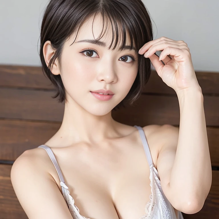  top quality、8k、 Compensate、  masterpiece  、アな  Photos 、 super high resolution、 realistic 、  professional writing 、 natural light、  Photos 、smile、Ultra slim、 slender body、 very cute girl、Idol Class、 white skin、( very short hair:1.6)、 brown hair 、Lean forward:1.6、  cleavage visible  :1.8、Woman in sexy pajamas:1.6、nsfw、Brown Hair、Close-up photo 、