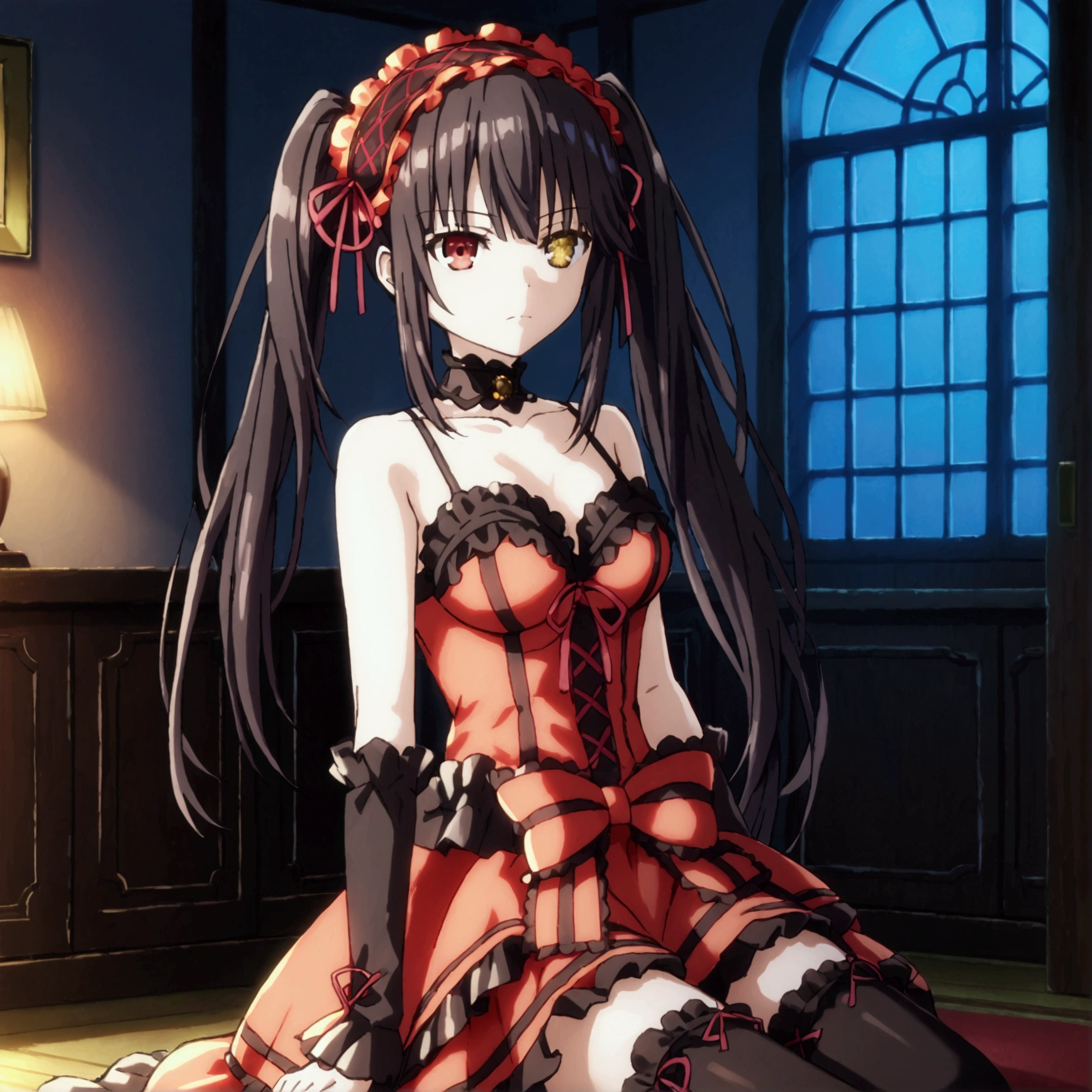 kurumi tokisaki, long hair, twintails, heterochromia, yellow eyes, clock eyes ,symbol-shaped pupils, dress, hairband, black thighhighs, Sit, Room, Displeased face, Beautiful view, good atmosphere