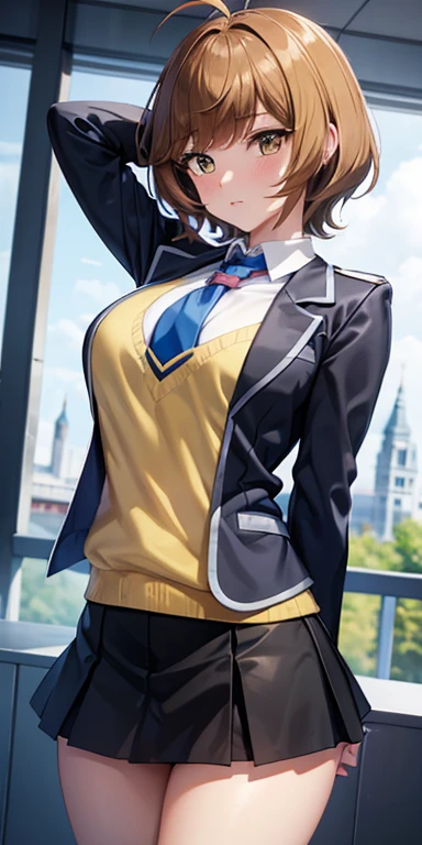 1 Female,High definition,high resolution,Ultra-realistic,8K, hmza, short hair, antenna hair, brown eyes, , blue necktie, (black jacket), yellow shirt,long sleeves,( black skirt),tight skirt , miniskirt,European,sexy,Upper body close-up,Photographed from the front,Dynamic Angles,blush, big tits , happy, wink the eye,facial, sweat ,(wide thighs:1.4),(yellow panties),(show panties)