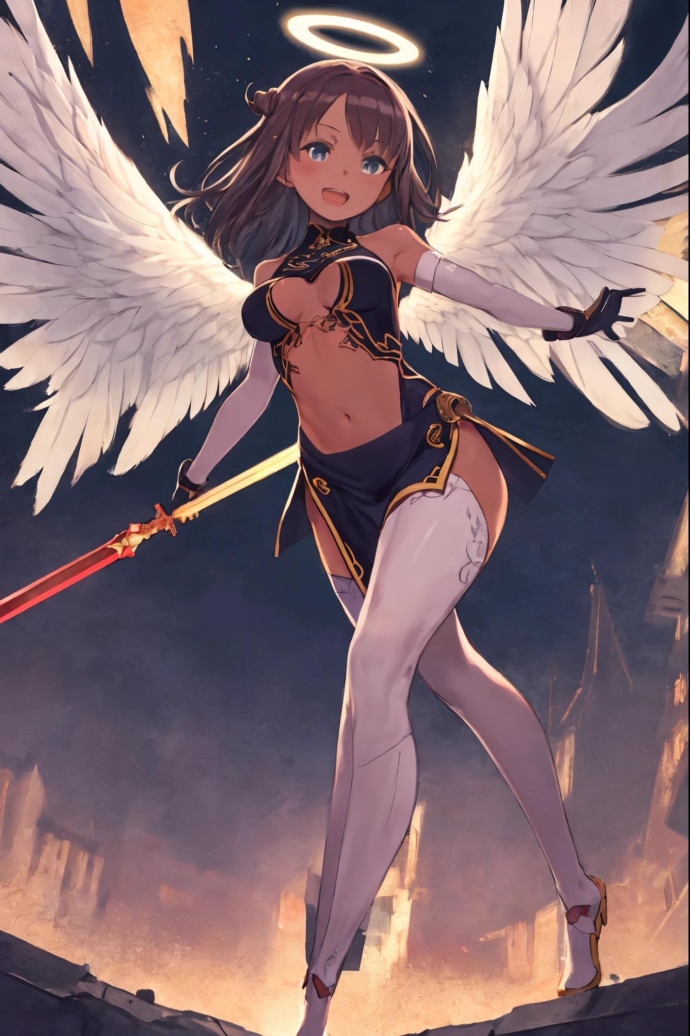fantasy, 1angel_girl, teen, brown_hair, ponytail_hair, (dark_skin)+, bare_shoulder, navel, thigh,silver_shiny_armor, white_clothes,waist_armor, glebe, hold_swords, big_, angry, dynamic_fighting_pose, floating, (1pair_white_wings), sunrise_city_background,(pelvic_curtain)++, open_mouth, headgear, large_ass