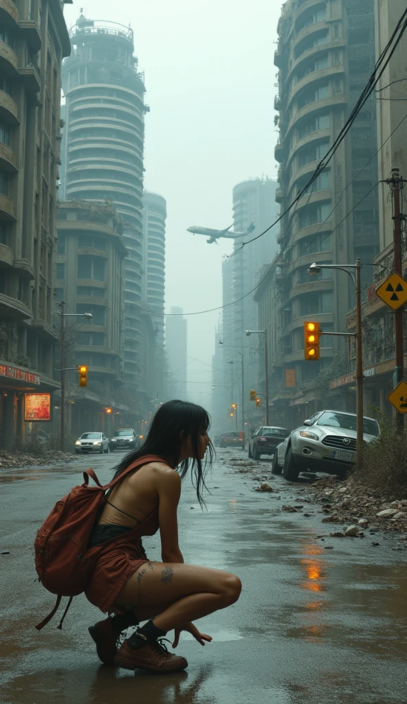a photo of one fair-haired young woman stand on the road in the center of the image of post-apocalypse city, japanese sword in her hands, dirty torn clothes, exploded cars, fire and smoke, epic detailes, rain, dark gray atmosphere, raw photography, back shot, shot from below, cyberpunk