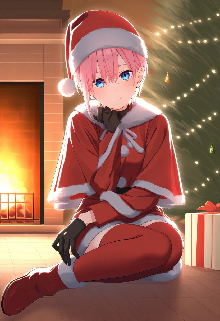 masterpiece, best quality, 1girl, solo, NknIchik, blue eyes, pink hair, short hair, santa costume, santa hat, red capelet, fur-trimmed capelet, red dress, fur-trimmed dress, long sleeves, fur-trimmed sleeves, black gloves, red thighhighs, fur-trimmed shoes, red shoes, christmas tree, gift box, indoors, fireplace, smile, looking at viewer,  