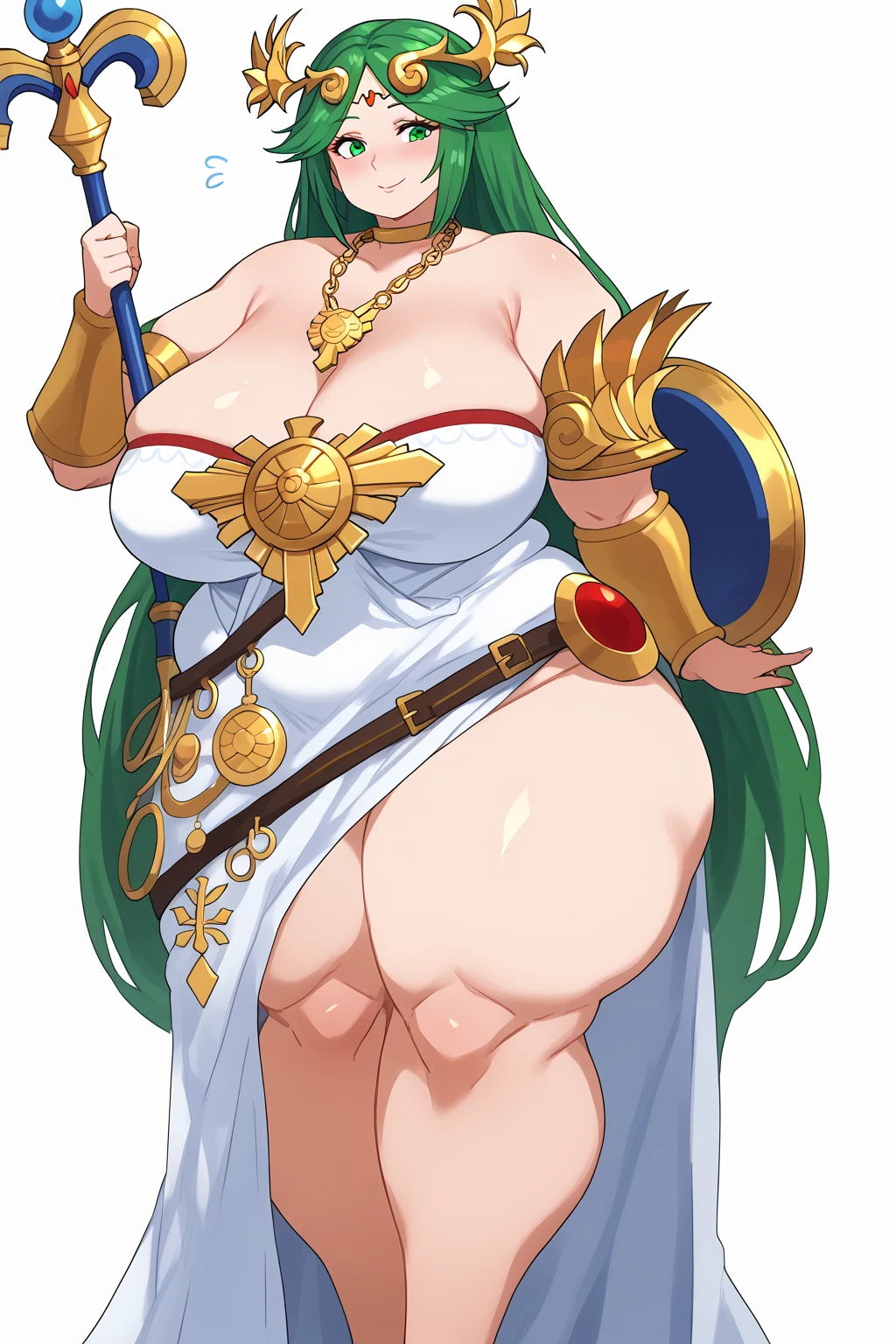   score_9,   score_8_up,   score_7_up,   score_6_up,   score_5_up,   score_4_up,     masterpiece   ,   top quality,   very aesthetic,   absurd,  source_Anime, Anime screencap,   one woman , Alone,  personal , palutena, Partena long hair ,  green eyes,  green hair,  split bangs ,  Big Breasts , 額のgem, crown,  neck ring ,  Gold Choker , gem, Gold Chain, during,  Necklaces , Arm guard, armlet,  circlet,  tiara , clavicle,  shoulder out,   strapless dress , white dress, Multiple belts,  side slits, Single knee-high,  detailed background with white knee-high , staff,  shield , Super huge breasts, ((( super huge clevis, Super huge , Super huge boob))), Curvy,   wide hips ,   embarrassed expression, Fat body,   chubby,  obese body type, Shake your stomach,  Three-section abdomen,  troubled expression, 40 years old