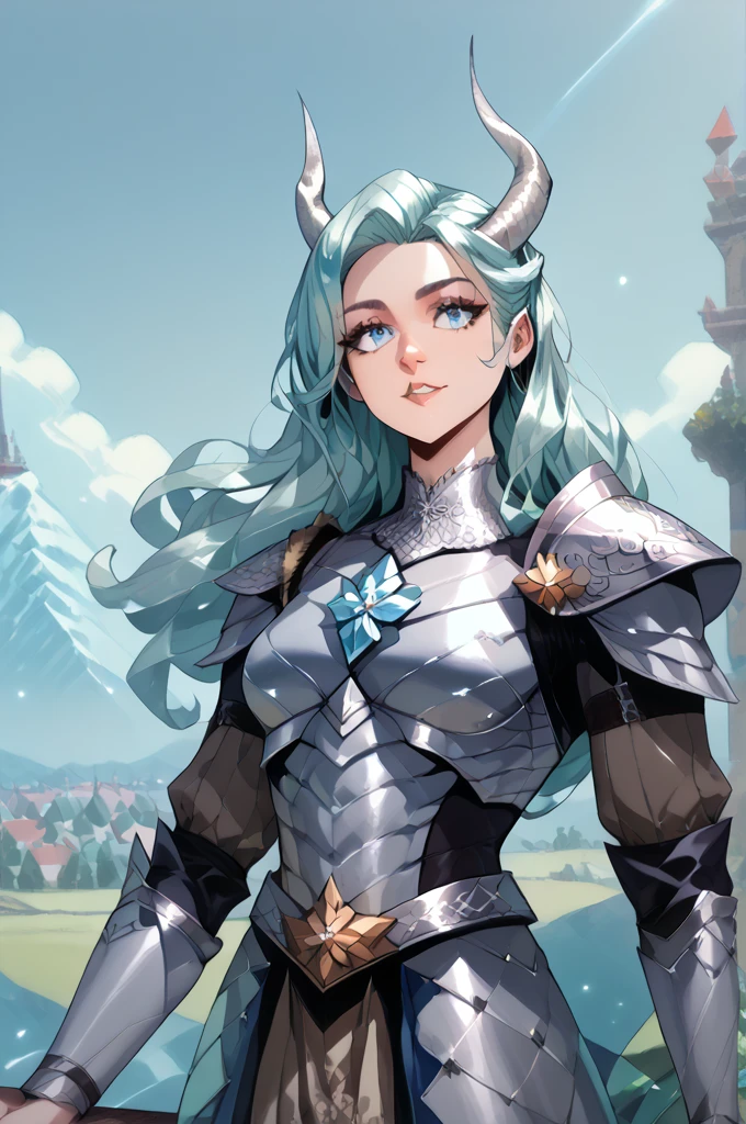 Draconiano, high, muscular,  long hair , seeds, metallic silver color ,  shimmering silver scales ,  light blue eyes ,  with simple silver medieval armor with blue details, Pose Noble,  on an icy mountain with Northern Lights in the sky . High resolution ,  masterpiece , 