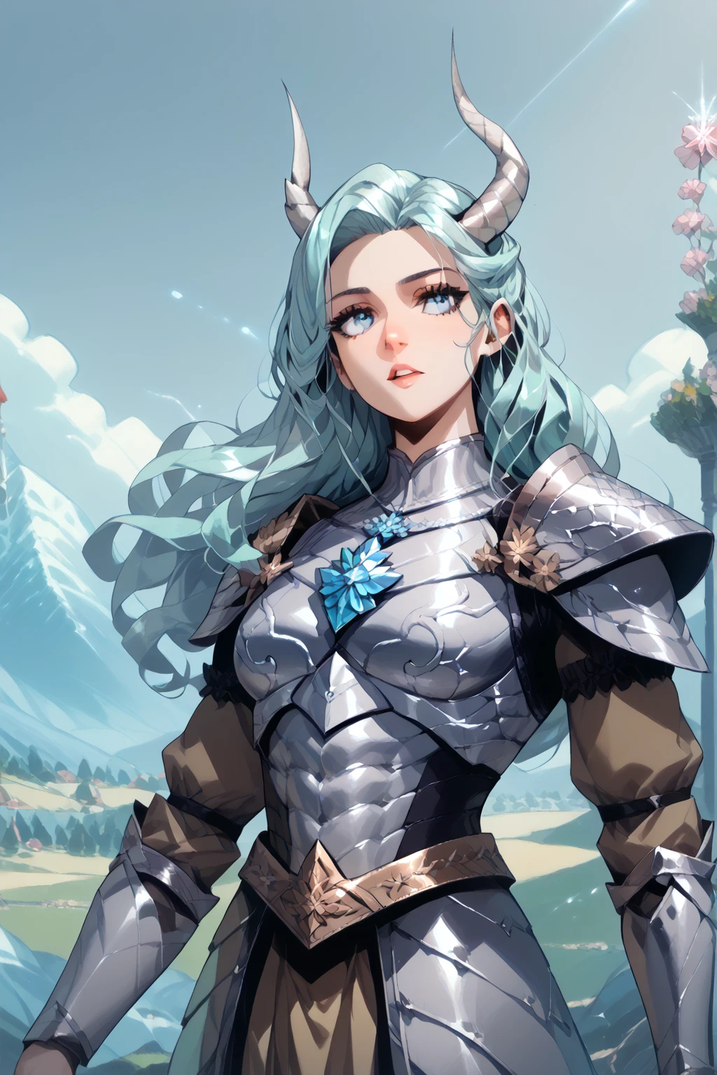 Draconiano, high, muscular,  long hair , seeds, metallic silver color ,  shimmering silver scales ,  light blue eyes ,  with simple silver medieval armor with blue details, Pose Noble,  on an icy mountain with Northern Lights in the sky . High resolution ,  masterpiece , 