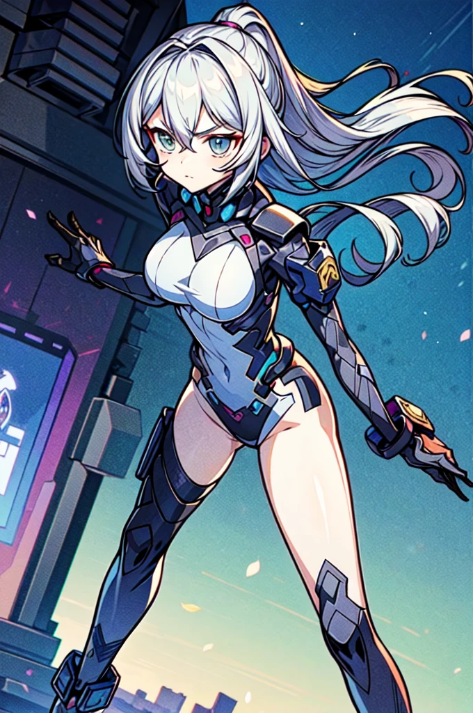 whole body,Standing posture, (Gray Hair,short hair,Twin tails,) (Super big breasts,,), (beautifully drawn face:1.2) (High leg leotard,Symphogear Suit,Sci-Fi Suit) Expressionless,(White background) 