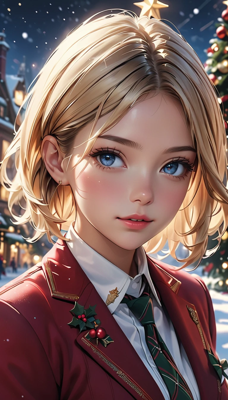 1girl, school uniform, christmas, christmas lights, christmas tree, snowing, beautiful detailed eyes, beautiful detailed lips, extremely detailed face, long eyelashes, (whole body shot:1.57), (best quality,4k,8k,highres,masterpiece:1.2),ultra-detailed,(realistic,photorealistic,photo-realistic:1.37),fantasy,soft lighting,warm color tones,intricate details,delicate features