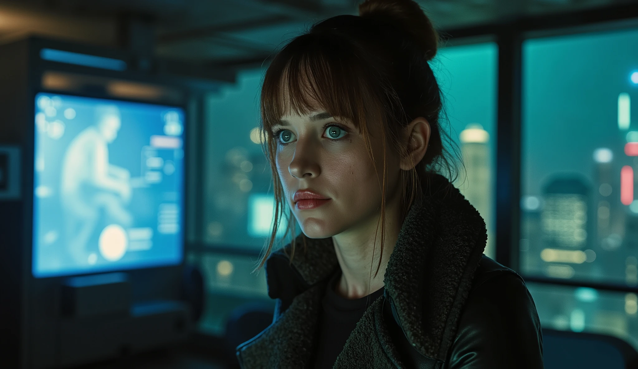 portrait of beautiful Blade Runner woman in a Blade Runner cyberpunk Appartment in old Kowloon, windows,
