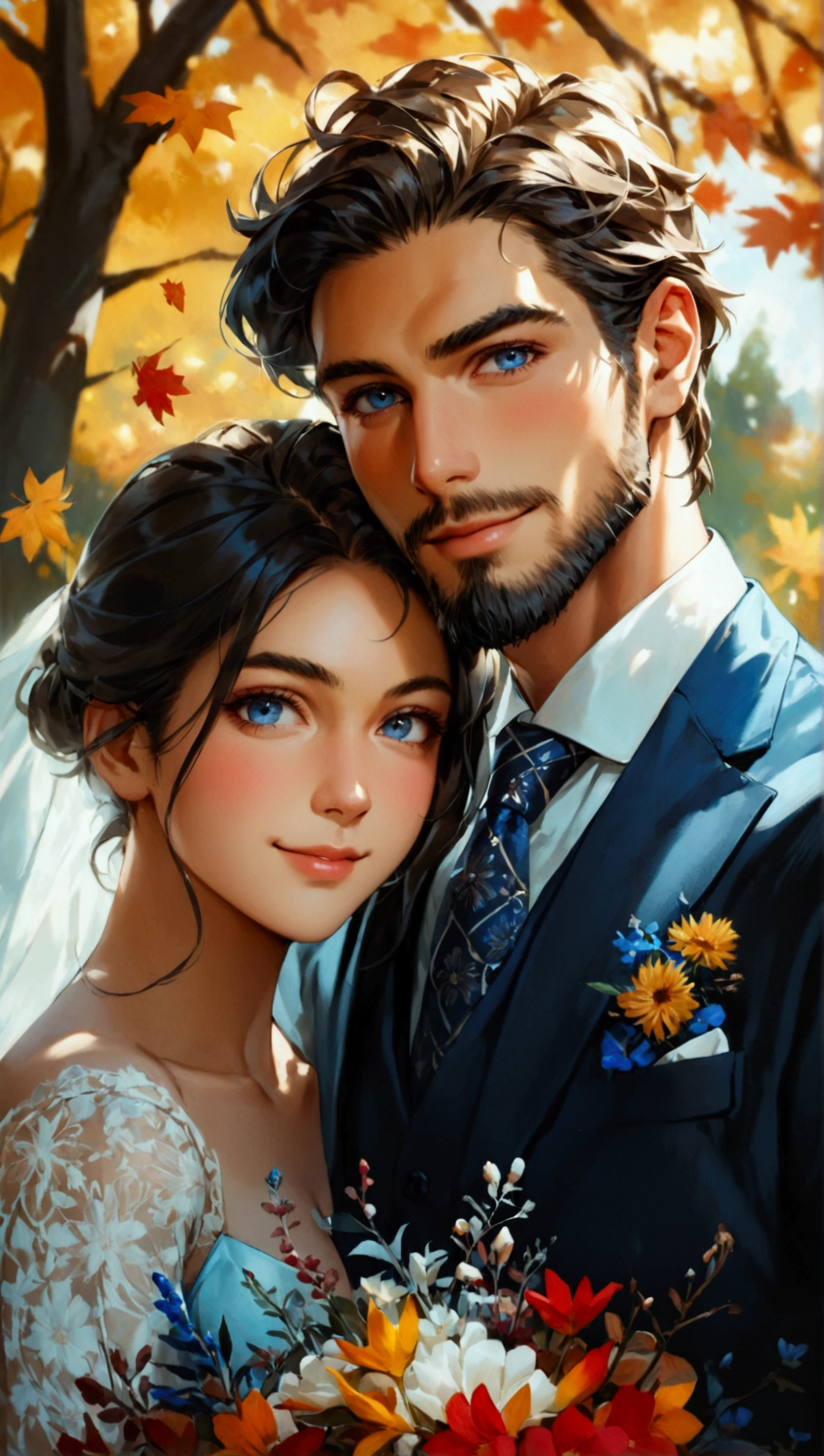 Portray a full shot of an international couple in cinematic vibe, accentuating a hopeful and blissful future for their engagement. Exuding affection, he and she are looking directly at the camera with a gentle and confident smile, set against the backdrop of a cozy Dutch colonial-style house with autumn sky. The couple features a European man in his thirties and a Japanese woman in her twenties. He has blue eyes, oblong face, short blonde hair, neatly groomed beard and a strong athletic physique. While his Japanese fiancé has a beautiful oval face, defined by low cheekbones, gentle black eyes, prominent nose, framed by long silky black hair. He is dressed in a light blue jacket with a geometric pattern tie. She is wearing a tube top holding a bouquet of flowers, radiating her youthful charm.  ((looking at viewer)), (grin), soft lighting, highly detailed, best quality, unique perspective, vibrant colors, intricate, (oval face), (oblong face), (blonde hair), ((full shot))