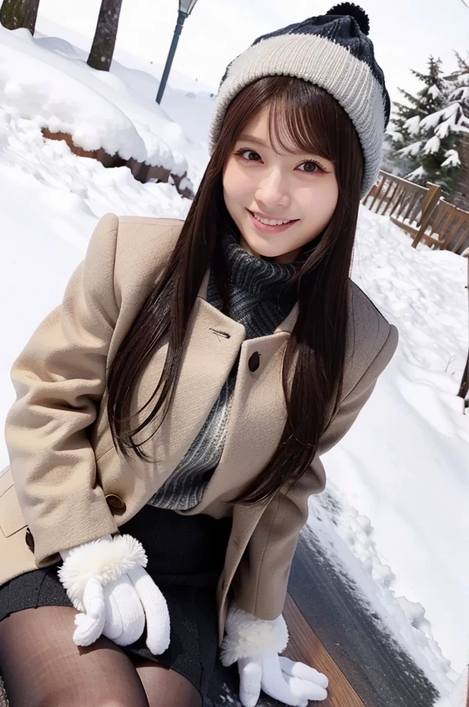 (masterpiece, best quality, perfect anatomy, highres, 8k, realistic, photorealistic, natural skin texture, no makeup:1.2), 1girl, solo, Japanese, female university student, age20, very cute, winter, (very cold day),
 (Snow is piling up, she lies down on the snow and looks dazzled:1.5), (large breasts:1.2), (perfect figure), earth-colored winter clothes, mini skirt, knit  hat, scarf, black pantyhose, glove, snap shot,  fullbody shot, sun lighting, jp idol, erogao, tanukigao