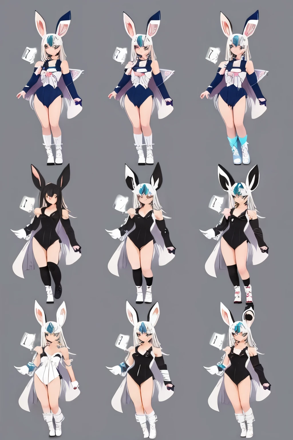 (smiling),masterpiece, best quality, 1girl, animal_ears, bangs, bare_shoulders, black_bow, black_bowtie, black_legwear, black_leotard, blue_eyes, bow, bowtie, breasts, brown_legwear, cleavage, collar, collarbone, cowboy_shot, detached_collar, fake_animal_ears, hair_ornament, , leotard, long_hair, looking_at_viewer, medium_breasts, pantyhose, playboy_bunny, rabbit_ears, rabbit_tail, solo , strapless_leotard,white_collar, wrist_cuffs,full body,(different hair colors), (different hair styles)
<lyco:MultipleGirlsGroup:1.0>