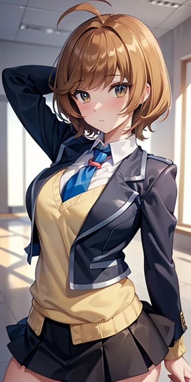 1 Female,High definition,high resolution,Ultra-realistic,8K, hmza, short hair, antenna hair, brown eyes, school uniform, blue necktie, yellow shirt,black jacket, long sleeves, black skirt,tight skirt, ((miniskirt)), large breasts,European,sexy,Upper body close-up,Photographed from the front,Dynamic Angles,(blush), (medium tits) ,(arms behind head)