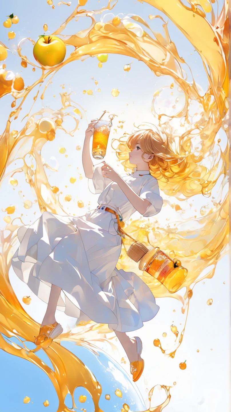 ( top quality:1.3,  Anime Style,  very detailed, Latest,  High Contrast ,  masterpiece  :1.2,  top quality,  best aesthetics),  girl, (((Looks like it's floating in the air 、Sideways, whole body:1.4))), ((Holding a honey drink in hand,  images of honey and apples ,  splashes)), ((HEALTHY IMAGES )), Sizzle,  colorful hair,  bob cut ,  pastel colors, ((modern, Classic ,  simple background))