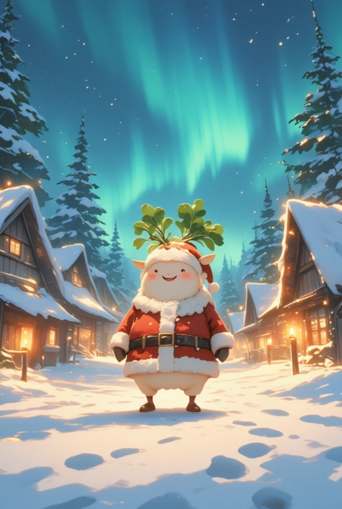 The depiction is set in a Santa Claus village with a mystical winter atmosphere. In the background, a fantastic aurora lights the night sky and a row of snow-covered wooden cottages. Warm light shines on each house, giving the village a calm and heartwarming atmosphere. In the center, a "daikon character dressed as Santa Claus or a reindeer" stands happily. (The character is smiling, wearing a Santa hat, a red coat with white fluffy trim, and radish leaves growing from his head to resemble reindeer antlers.) Footprints follow the path in the snow around him, and warm candle light glows dimly in the background. The character stands in front of pine trees gracefully laden with snow, creating an atmosphere of happiness and peace.