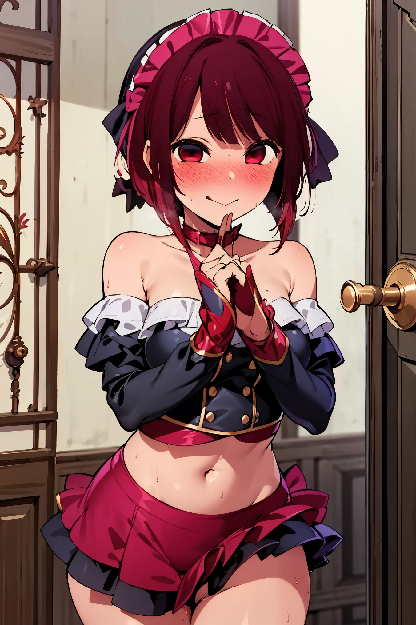 score_9, score_8_up, score_7_up, source_anime, 1girl, red hair, short hair, messy hair, red eyes, dark skin, cat ears, large brests, eyeglasses, bullish, micro bikini maid, headdress, blouse, skirt, apron, , private room, mansion,