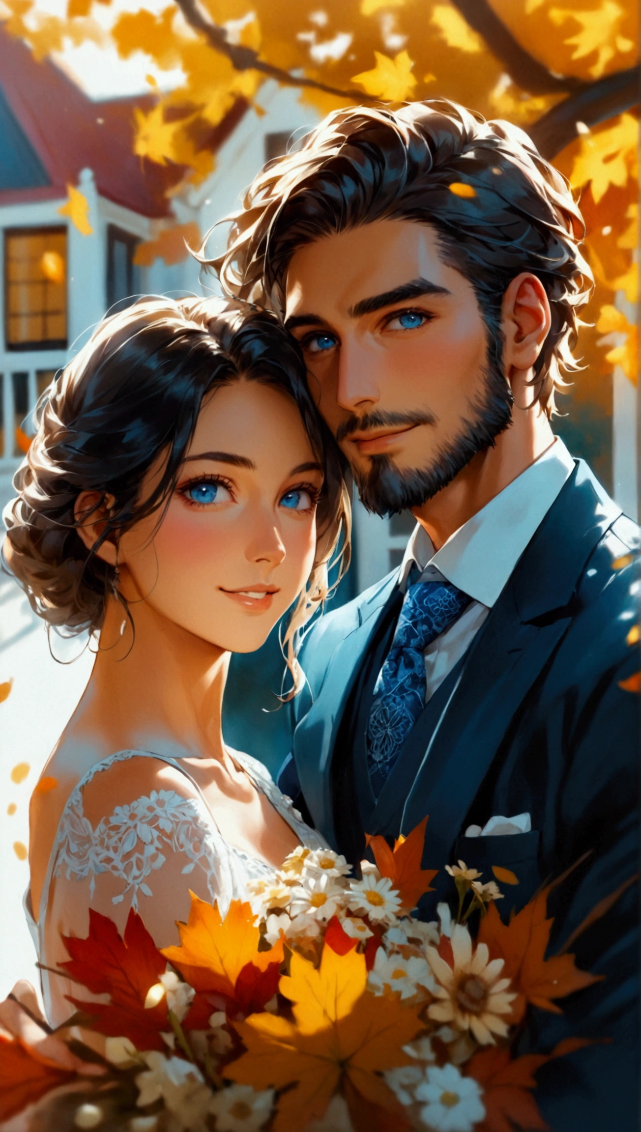 Portray a full shot of an international couple in cinematic vibe, accentuating a hopeful and blissful future for their engagement. Exuding affection, he and she are looking directly at the camera with a gentle and confident smile, set against the backdrop of a cozy Dutch colonial-style house with autumn sky. The couple features a European man in his thirties and a Japanese woman in her twenties. He has blue eyes, oblong face, short blonde hair, neatly groomed beard and a strong athletic physique. While his Japanese fiancé has a beautiful oval face, defined by low cheekbones, gentle black eyes, prominent nose, framed by long silky black hair. He is dressed in a light blue jacket with a geometric pattern tie. She is wearing a tube top holding a bouquet of flowers, radiating her youthful charm.  ((looking at viewer)), (grin), soft lighting, highly detailed, best quality, unique perspective, vibrant colors, intricate, (oval face), (oblong face), (blonde hair), ((full shot))