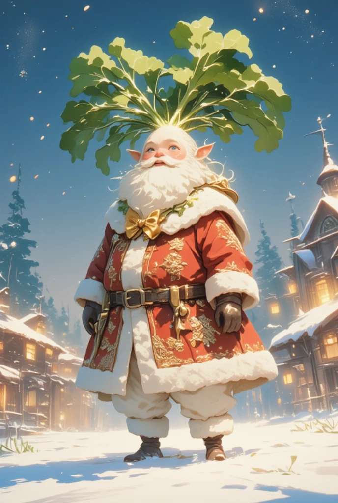 A thick layer of fresh snow is on the ground, and Santa Claus Village is beautifully constructed on top of it. A number of warm lanterns shine in the village, gently enveloping the cold night. (The central character, daikon, dressed as Santa Claus or a reindeer, is digitally detailed and has an elaborate red coat with white decorations. His radish leaves look like intricately designed reindeer antlers.) On his chest is a large bow with a golden bell, and in the background, the entire town is delicately decorated with snowflakes. The distant forest stands silently, and the scenery woven by the graceful falling snow is completely rendered with a digital art style touch.