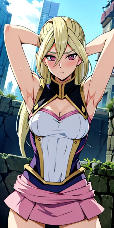 1 Female,High definition,high resolution,Ultra-realistic,8K, Gloria Tyler, blonde hair,pink eyes,serious, long hair, large breasts,sleeveless,pink skirt, (ruins),blush,tight skirt, miniskirt, large breasts,European,sexy,Upper body close-up,Photographed from the front,Dynamic Angles,(blush), (medium tits) ,(arms behind head)