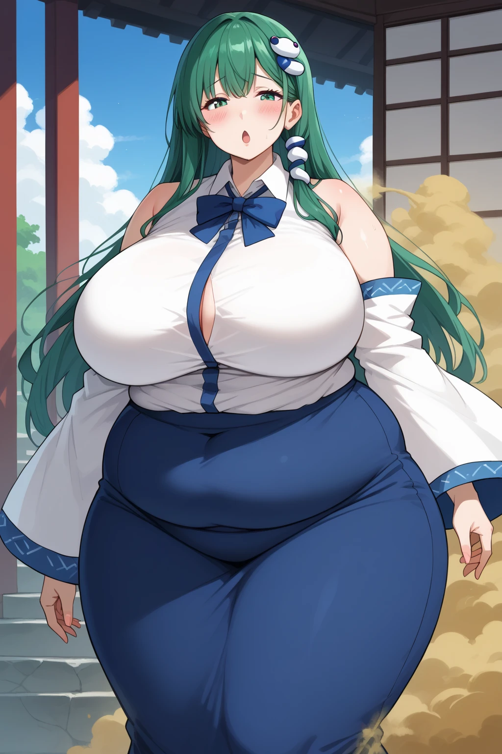 Sanae Kochiya, sanae kochiya,  long hair,  green hair,  green eyes,  Hair Tube, Snake hair ornament, collared shirt,  white shirt,  Detached Sleeves,  wide sleeve over mouth,  blue skirt,  ruffle skirt,  score_9,   score_8_up,   score_7_up,   score_6_up,   score_5_up,   score_4_up,     masterpiece   ,   top quality,   very aesthetic,   absurd,  Anime Women,   one woman , Alone,  personal  ,  Super huge breasts, ((( super huge clevis, Super huge , Super huge boob))), Curvy,  chubby,  obese body type, blush, Shy woman,  stomach flesh sticking out of clothes,　 sloppy stomach , Shrine grounds,  I'm worried about fat around my stomach , fart, fart, Woman with a fart 