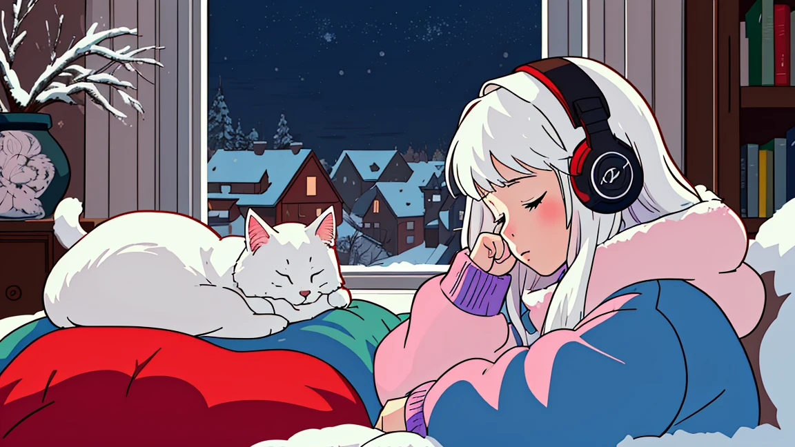 A woman wearing headphones is sleeping comfortably on the sofa at night, sleeping with a cat, snowy day, long hair, white hair, wide-angle lens, snowy day, Lofi anime, Lofi illustration, aesthetic atmosphere, Lo-Fi style, vector art, flat Design, Simple Shape, Warm Tones, Christmas, Cozy Atmosphere, Chill, In Anime Style, Vector Art, Wearing a Winter Sweater (Adorable: 1.5), (Small: 1.4), (Playful: 1.2), ( Soft: 1.3), (Whimsical: 1.1), Masterpiece, Top Quality, 8K, Intricate Details, Growing, Celestial, Mysterious, Picturesque, Wonderful, Majestic, Magical, Fantasy Art, Cover Art, Dreamy Like