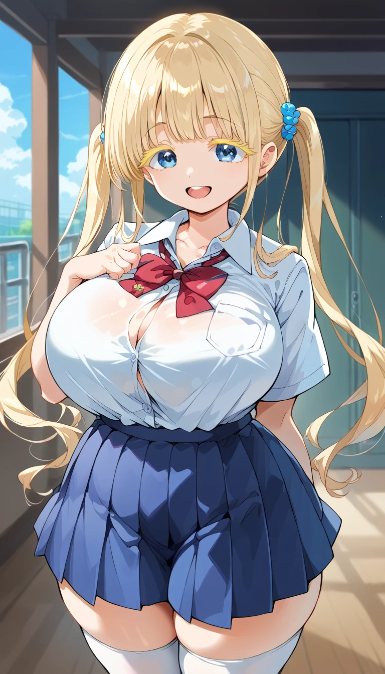  score_9, score_8_up, score_7_up, score_6_up, score_5_up, score_4_up,( source_Anime), 1 girl in uniform,Alone, long hair,chest, watching viewers,smile, open mouth, blue eyes, skirt, blonde hair , shirt,Thighsまで丈の靴下, twin tails,very  long hair,School uniform,Thighs,pleated  skirt,tooth,huge chest,white Thighsまで丈の靴下,blue  skirt, skinning ,thick Thighs,tented  shirt,Colored eyelashes,School,