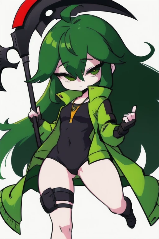  1male, solo, bigchest, feminine, white skin, green eyes, green sclera, ahoge, absurdly long hair, green hair, expressionless, green gauntlets, Holding Scythe, green scythe, inky scythe, hair over eyes, hair between eyes, (green jacket:1.1), Electric, energetic, mystical, playful, cute, dangerous, godlike, cute, chaotic