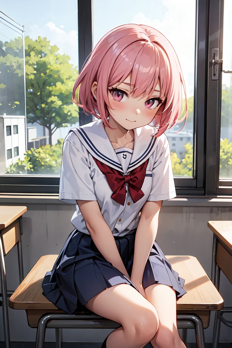 Anime 1 girl with cute face short pink hair wearing school uniform sitting in classroom getting a little tense