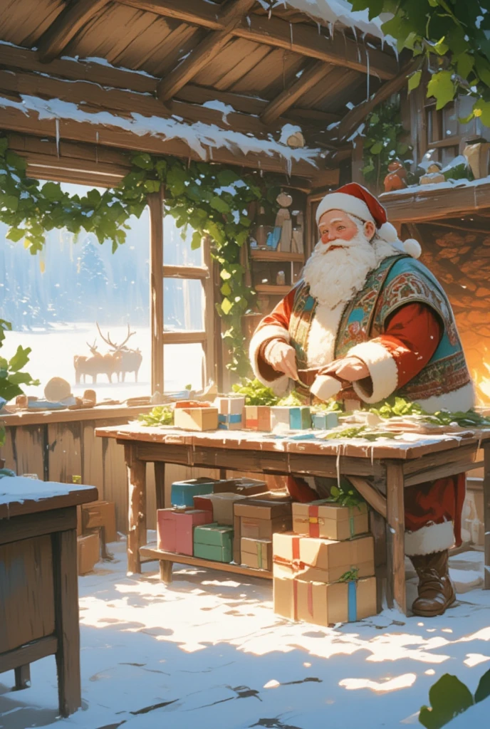 (Imagine an old, rustic cabin in the snowy backdrop of Santa's village, detailed with wooden logs and a thatched roof covered in a thick blanket of snow. Inside, there's a glow from the hearth as Santa Claus, dressed in fur-lined boots and a knitted Nordic sweater, works with an aura of contentment. His work table is strewn with colorful papers, ribbons, and shining baubles. Among these, he is carefully placing fresh, white daikon into gift boxes, an unusual but imaginative touch. The aroma of fresh pine fills the room from the evergreen garlands hanging by the windows. Reindeer can be seen through the frost-kissed glass, grazing near the cabin. The atmosphere is calm and magical, capturing the Christmas spirit of giving and the serene beauty of the Scandinavian wilderness.)