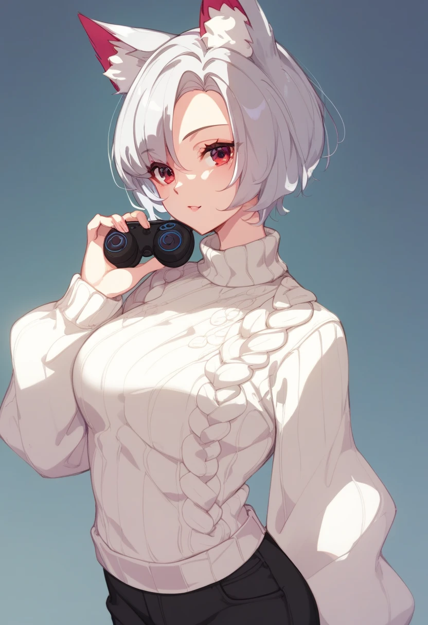  one woman、 short hair、Gamer、 simple background、 Silver Hair、 fox ears、 cream sweater 、Black trousers、Crimson Eyes