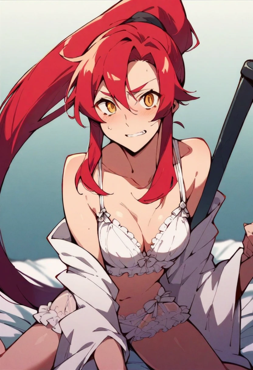   score_9,   score_8_up,   score_7_up,   score_6_up,   score_5_up,   score_4_up,  source_ anime solo  , Red Hair,   long hair,   ponytail,   Yellow Eyes  , whole body、  medium chest  、  medium chest  、 sexy lingerie、 bed、Pile driving piston、Cowgirl、 sex、