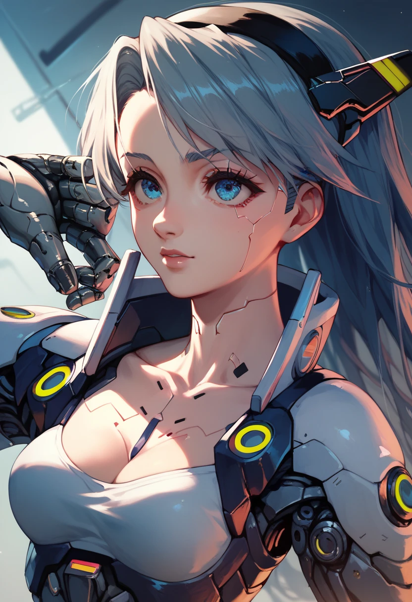 Masterpiece, Best Quality, High Resolution, 1girl Tomoyo Sakagami black hairband blue eyes, cyberpunk, mechanical body, mechanical arms, chest mechanical