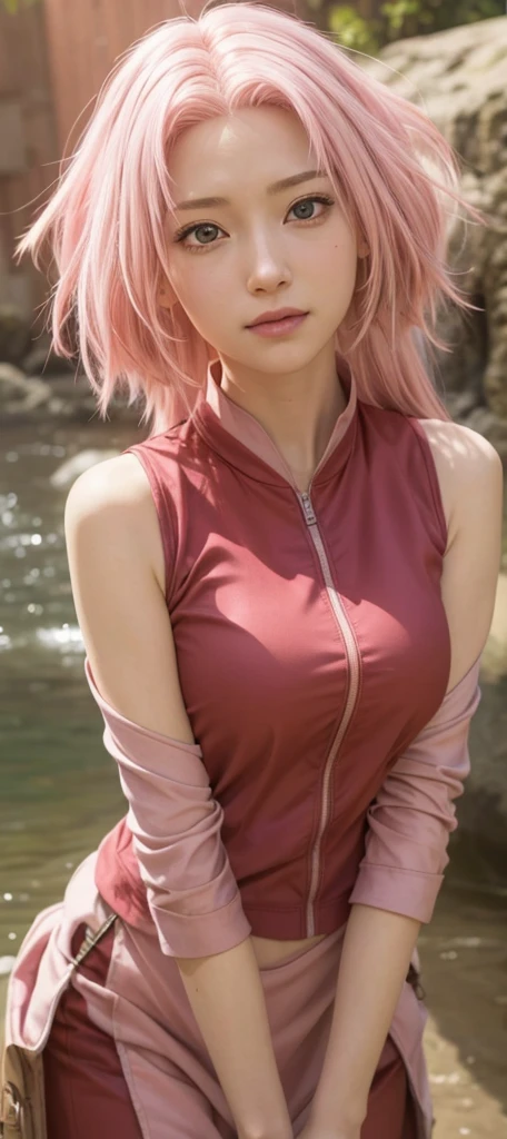 (8K, top-quality, masterpiece:1,2), (reallistic, Photorealsitic:1.37), Super Detail, One girl,), (Highly detailed), (beautifully detailed eyes), (of the highest quality), (super detailed ), (masterpiece), (Detailed face),20yr old, ,1 girl, full body, pink hair,Very short hair, medium breasts, clothed, Perfect Lighting, pussy and breast focus, looking at viewer, aroused face, naughty face,  ((superheroine pink suit, standing, tight suit, meadow))