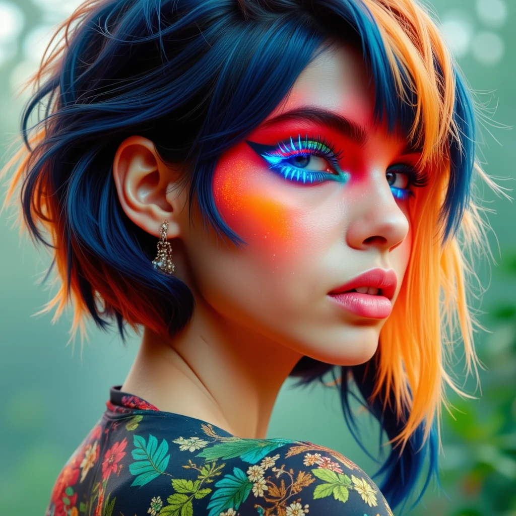 A photograph of a woman's luminescent face with vibrant, glowing makeup. Her skin is covered in bright orange, red, and blue colors, creating a striking contrast with her natural skin tone. The makeup is heavily applied, with a focus on the eyes and lips, the lips and eyelashes are glowing bright blue. She has a neutral expression. The image is artistic and colorful.  