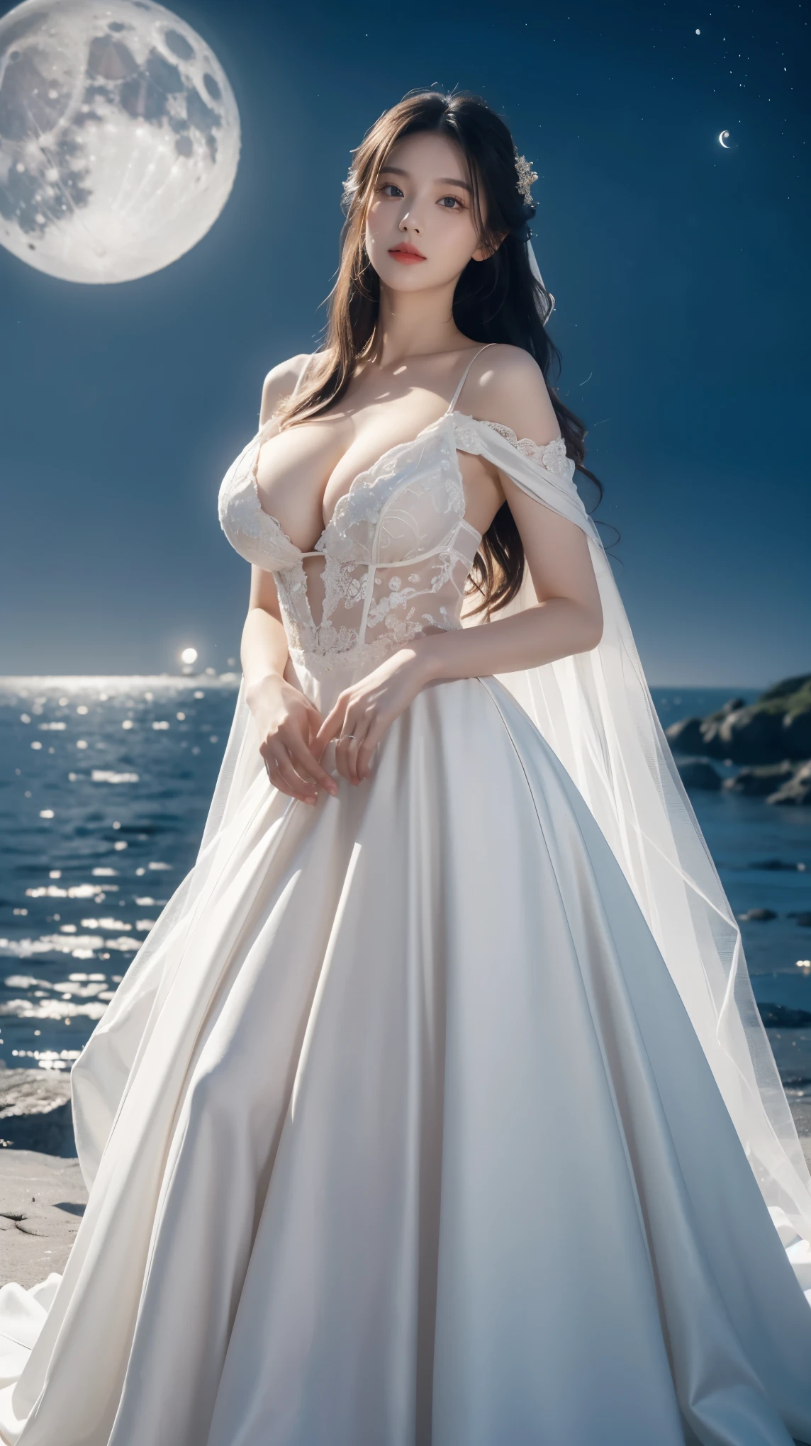 beachside，gigantic cleavage breasts，Sheer dress wedding dress。