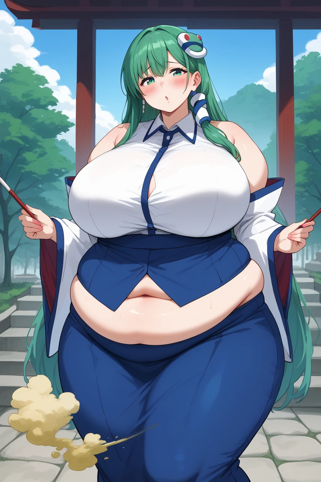 Sanae Kochiya, sanae kochiya,  long hair,  green hair,  green eyes,  Hair Tube, Snake hair ornament, collared shirt,  white shirt,  Detached Sleeves,  wide sleeve over mouth,  blue skirt,  ruffle skirt,  score_9,   score_8_up,   score_7_up,   score_6_up,   score_5_up,   score_4_up,     masterpiece   ,   top quality,   very aesthetic,   absurd,  Anime Women,   one woman , Alone,  personal  ,  Super huge breasts, ((( super huge clevis, Super huge , Super huge boob))), Curvy,  chubby,  obese body type, blush, Shy woman,  stomach flesh sticking out of clothes,　 sloppy stomach , Shrine grounds,  I'm worried about fat around my stomach , fart, fart, Woman with a fart 