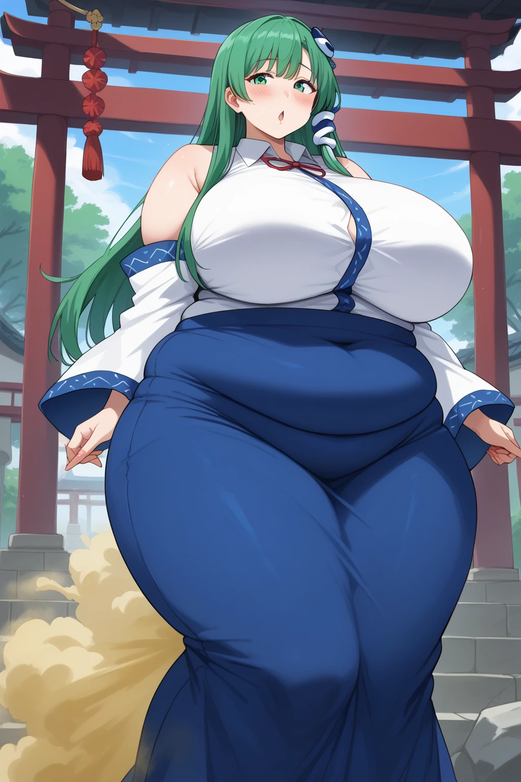 Sanae Kochiya, sanae kochiya,  long hair,  green hair,  green eyes,  Hair Tube, Snake hair ornament, collared shirt,  white shirt,  Detached Sleeves,  wide sleeve over mouth,  blue skirt,  ruffle skirt,  score_9,   score_8_up,   score_7_up,   score_6_up,   score_5_up,   score_4_up,     masterpiece   ,   top quality,   very aesthetic,   absurd,  Anime Women,   one woman , Alone,  personal  ,  Super huge breasts, ((( super huge clevis, Super huge , Super huge boob))), Curvy,  chubby,  obese body type, blush, Shy woman,  stomach flesh sticking out of clothes,　 sloppy stomach , Shrine grounds,  I'm worried about fat around my stomach , fart, fart, Woman with a fart 